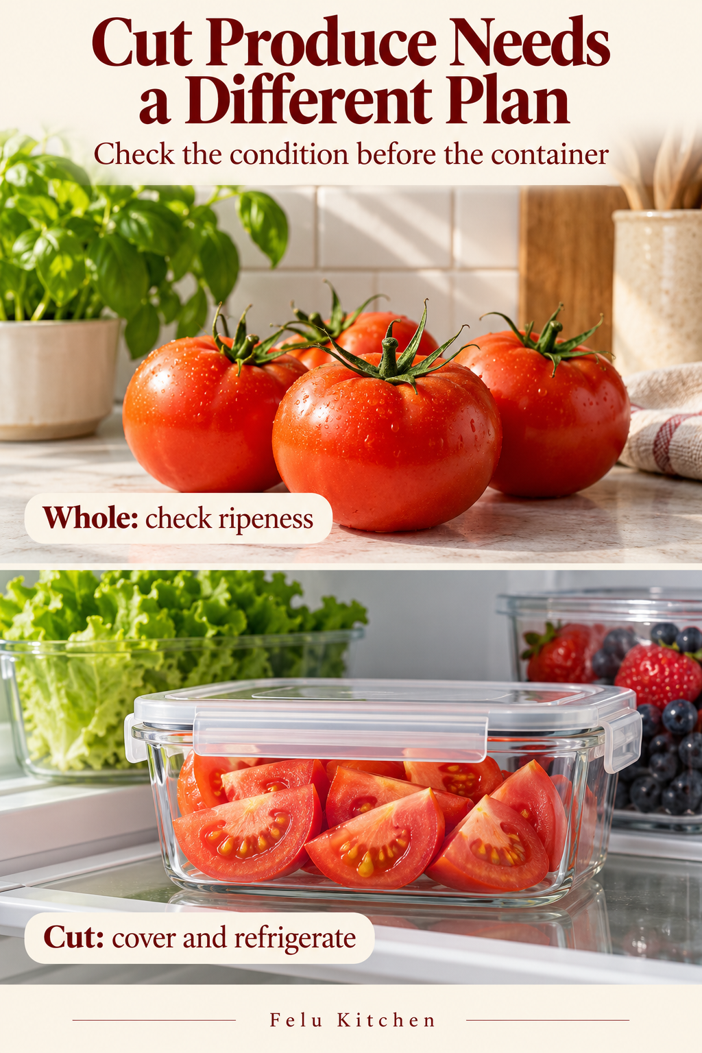 Generated illustration contrasting whole tomatoes on a shaded counter with cut tomatoes in a covered refrigerator container. Labels say Whole: check ripeness and Cut: cover and refrigerate.