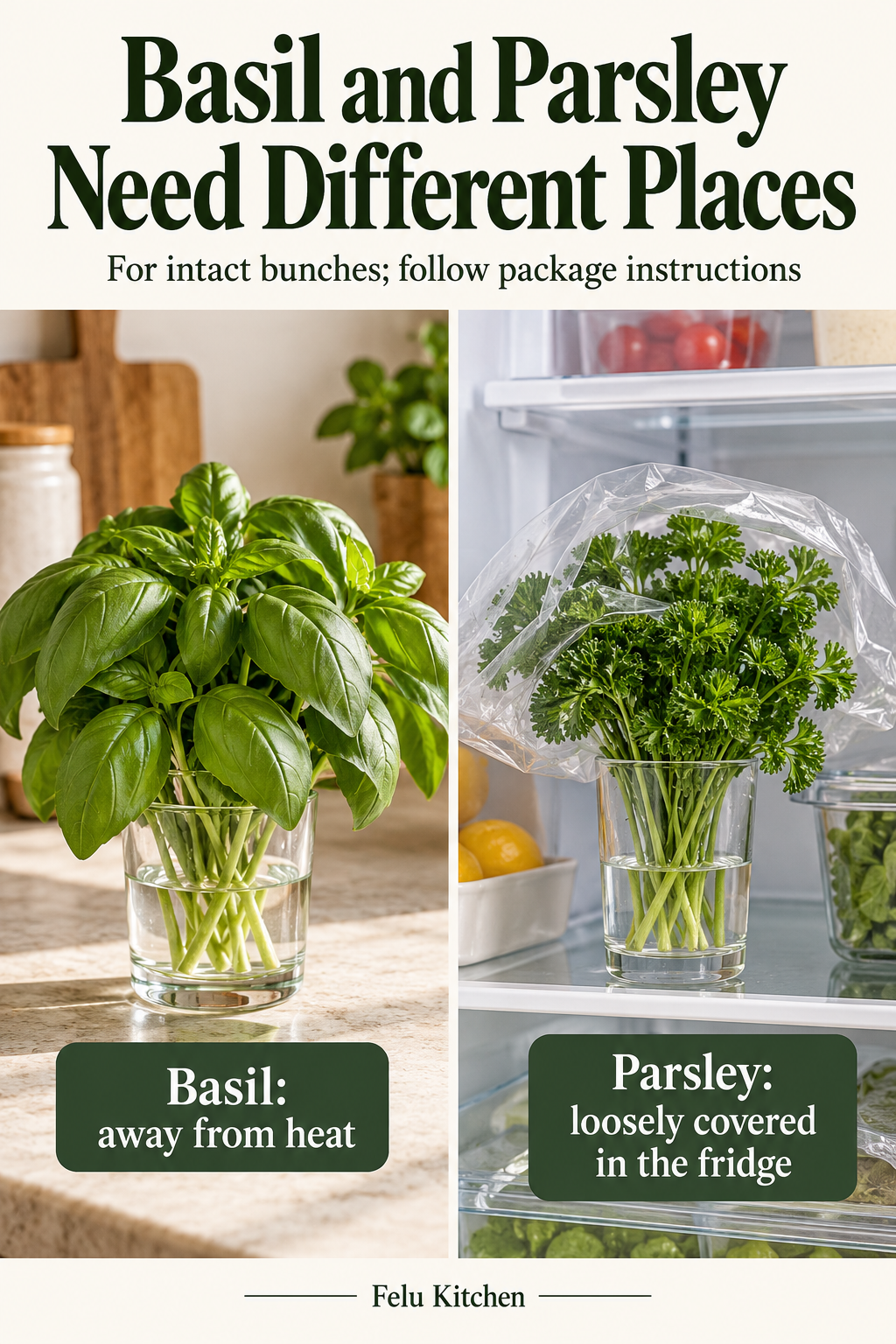 Generated illustration comparing intact basil stems in water on a shaded counter with parsley stems in water, leaves above the waterline and loosely covered on a refrigerator shelf.