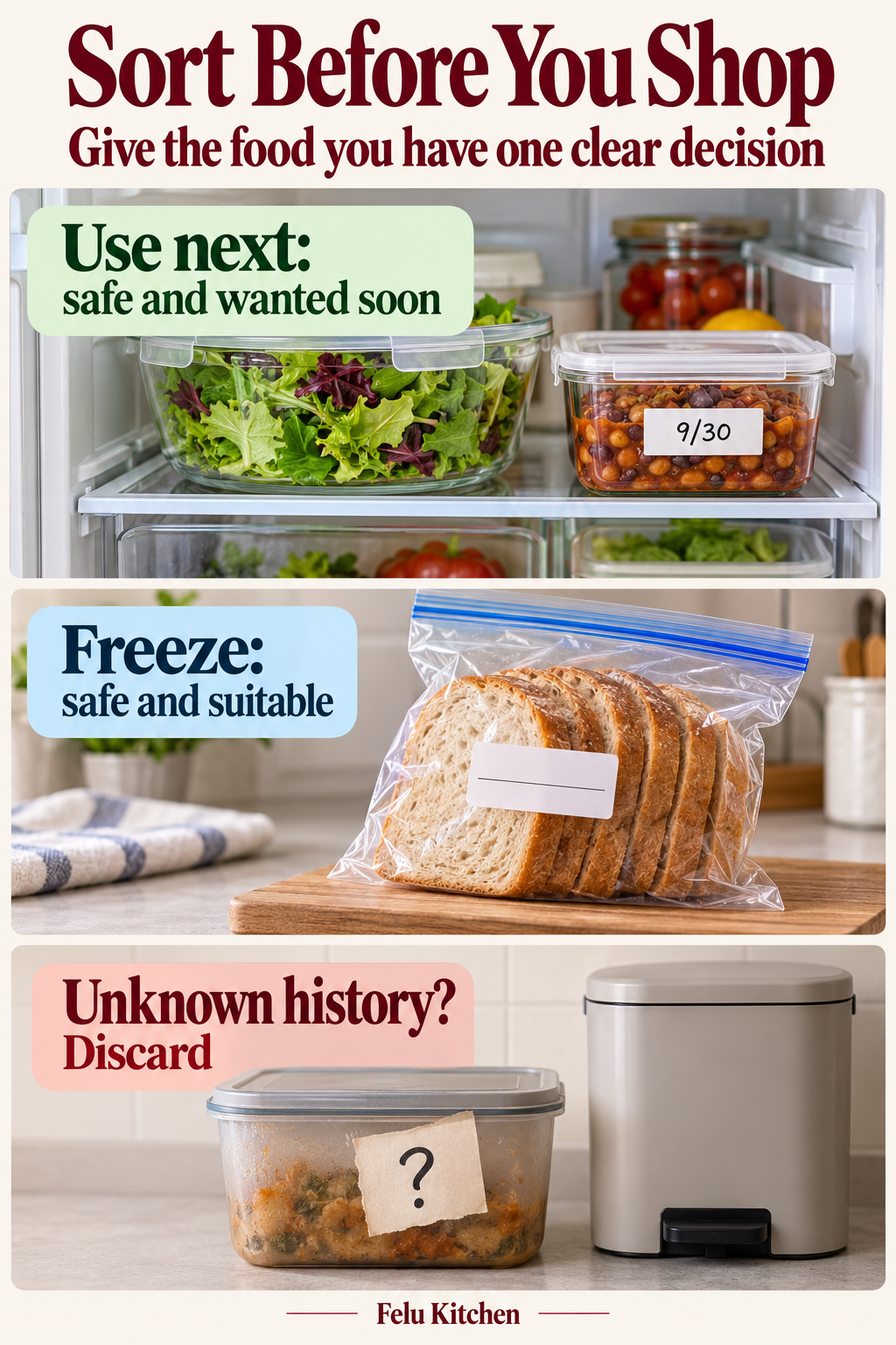 Generated three-scene illustration of safe greens and beans to use next, fresh sliced bread in a freezer bag, and an uncertain covered container beside a closed bin. The heading is Sort Before You Shop.