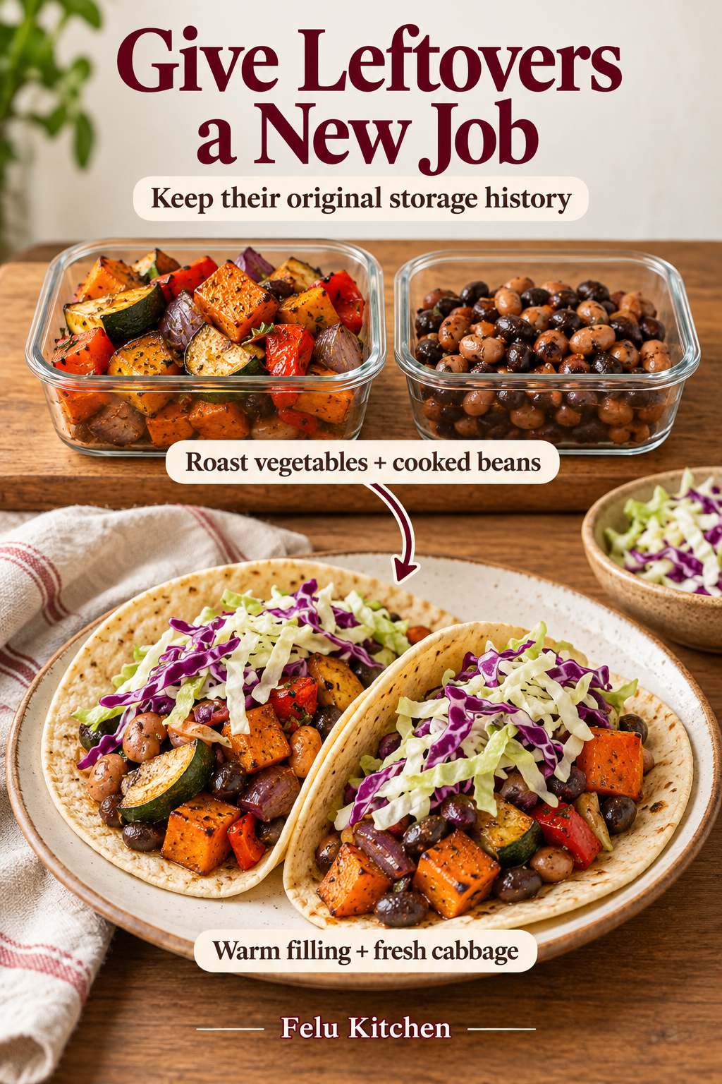 Generated illustration showing cooked roast vegetables and beans in shallow containers, then tortillas filled with the warmed ingredients and topped with fresh cabbage. Text says Give Leftovers a New Job.