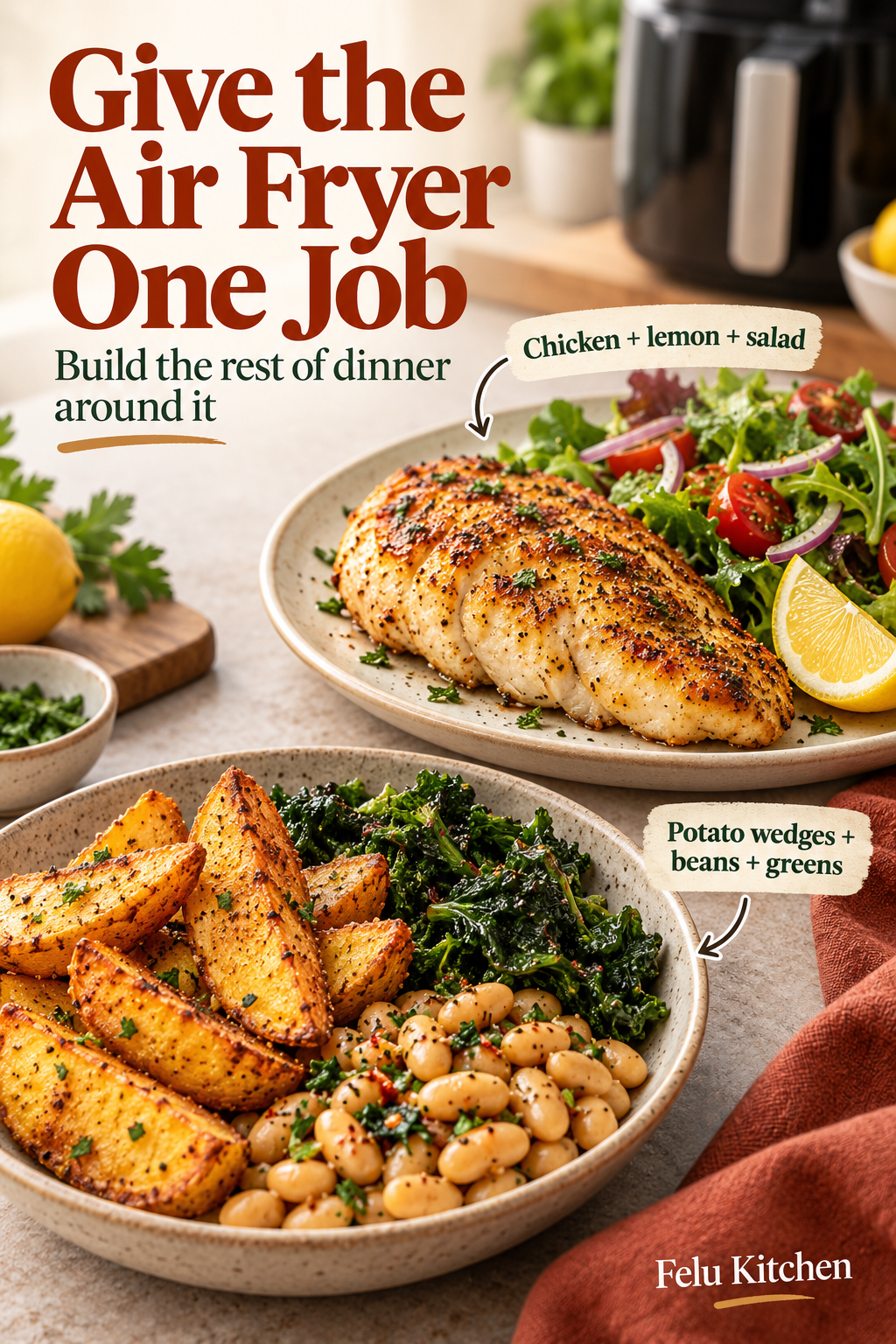 Generated food illustration showing cooked chicken with lemon and salad, and golden potato wedges beside beans and greens. The headline reads Give the Air Fryer One Job.