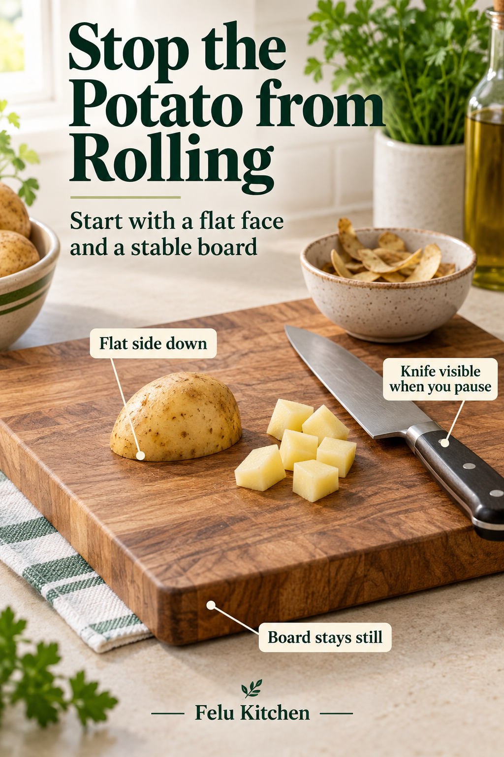 Generated kitchen still-life of a potato half resting flat side down on a supported board, with a damp towel underneath and a knife lying flat in view. Labels highlight a stable board and visible knife.