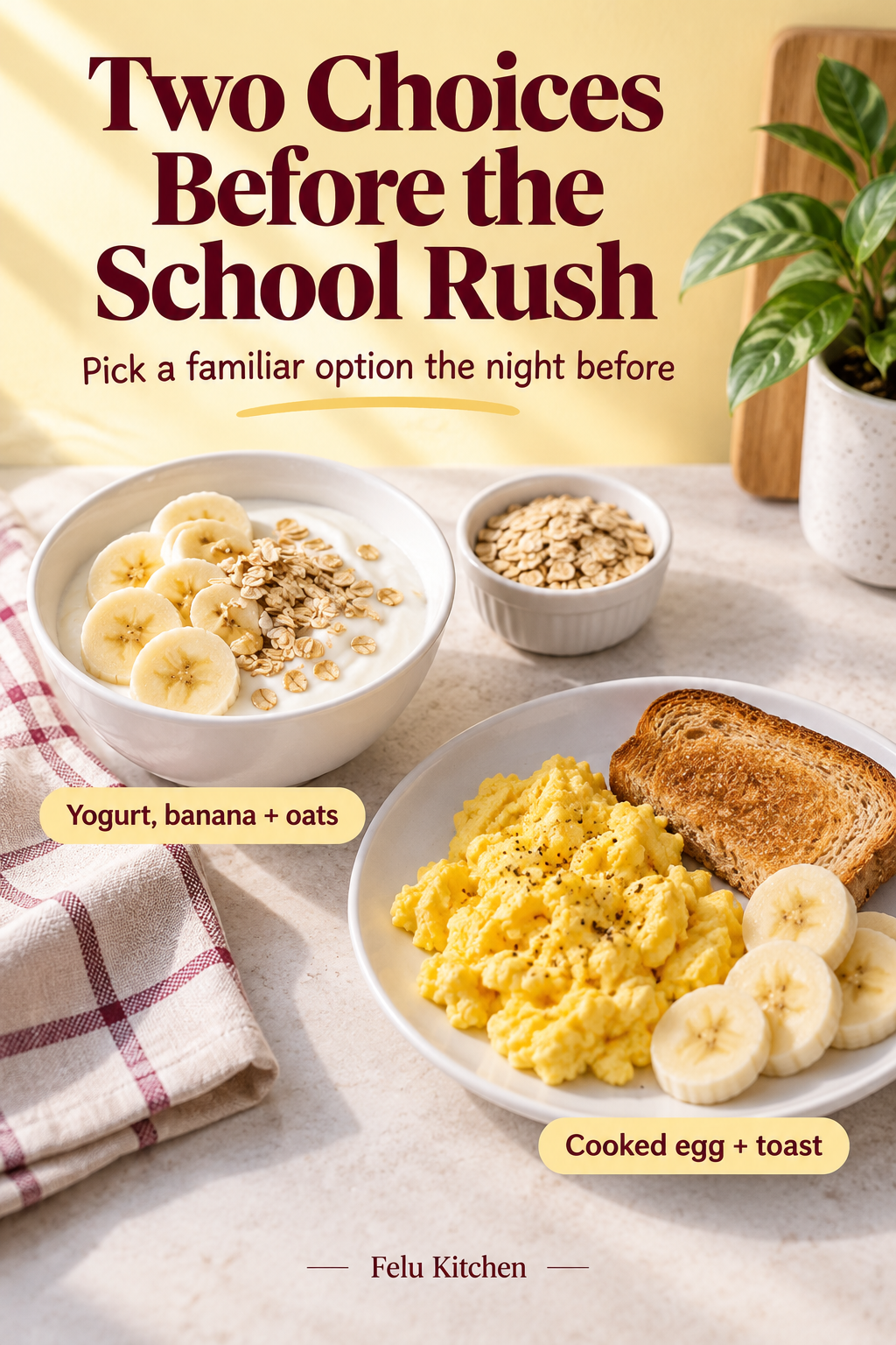 Generated breakfast illustration showing a small yogurt bowl with banana and oats beside a plate of fully cooked scrambled egg and toast. The heading suggests choosing a familiar option before the school rush.