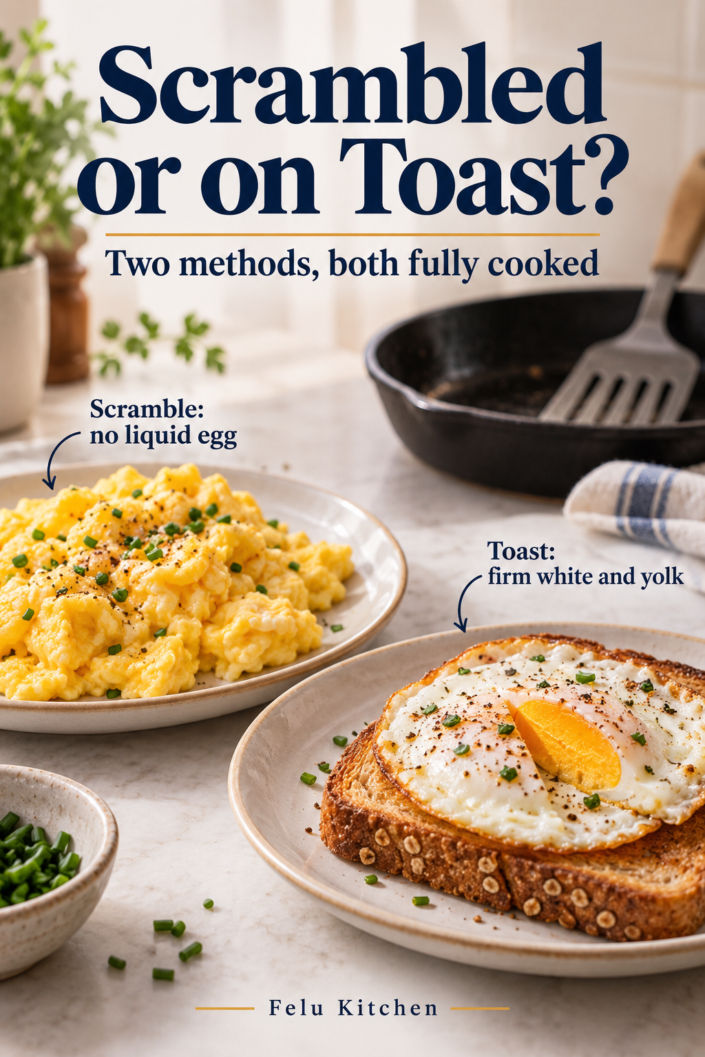 Generated illustration of fully cooked scrambled eggs and toast topped with a fried egg whose cut yolk is firm. Labels distinguish no liquid scramble from a firm white and yolk.