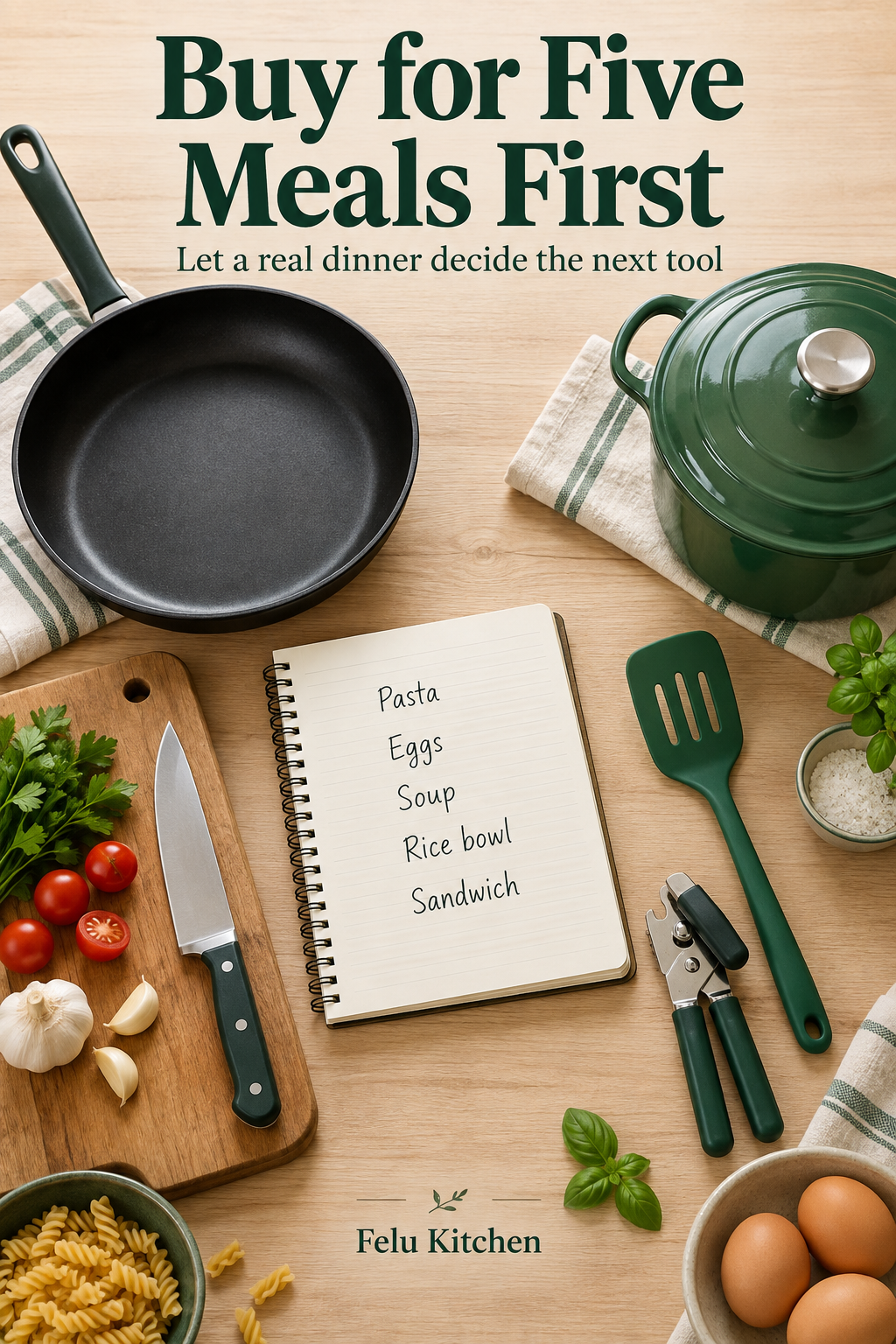 Generated overhead illustration of a notebook listing pasta, eggs, soup, rice bowl and sandwich, surrounded by a modest skillet, lidded pot, cutting board, knife, spatula and can opener.