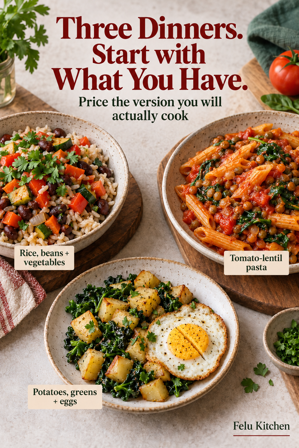 Generated food illustration showing three cooked meals: rice with beans and vegetables, tomato-lentil pasta, and potatoes with greens and firm cooked egg. The headline encourages starting with ingredients on hand.