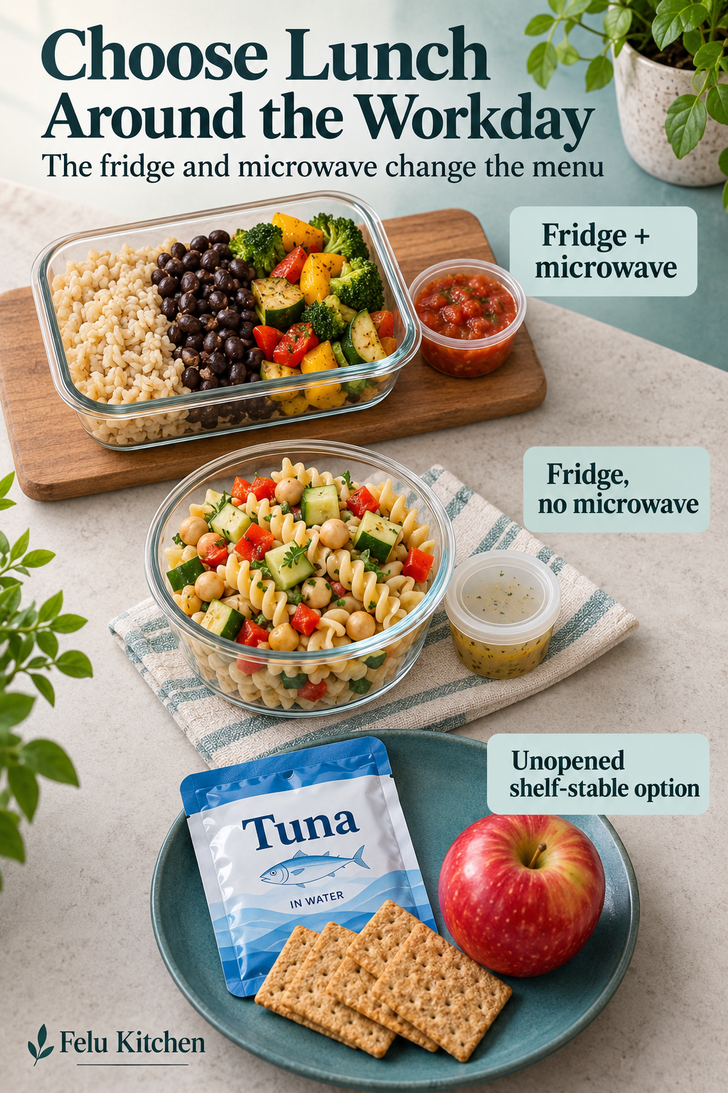 Generated illustration comparing a rice-and-bean lunch box for reheating, chilled chickpea pasta salad with separate dressing, and an unopened tuna pouch with crackers and whole apple for a shelf-stable option.