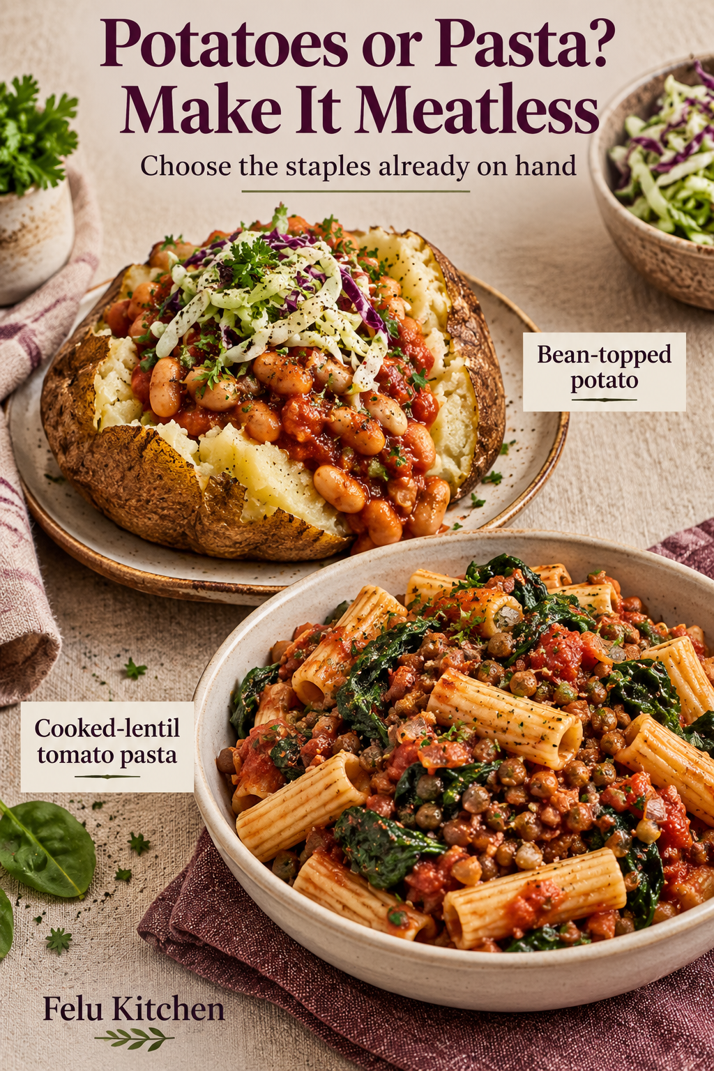 Generated food illustration of a baked potato topped with beans in tomato sauce and cabbage beside a separate bowl of cooked-lentil tomato pasta with spinach.