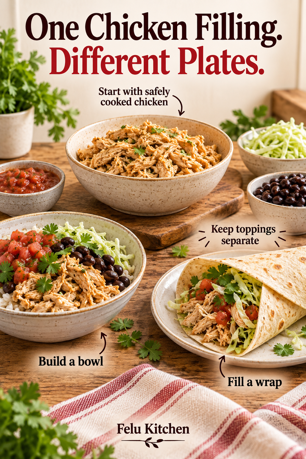 Generated illustration of warmed shredded chicken used in a rice bowl and a tortilla wrap, with beans, cabbage and salsa in separate topping bowls. The heading reads One Chicken Filling. Different Plates.