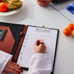Weekly meal plan worksheet with fruit on a white table