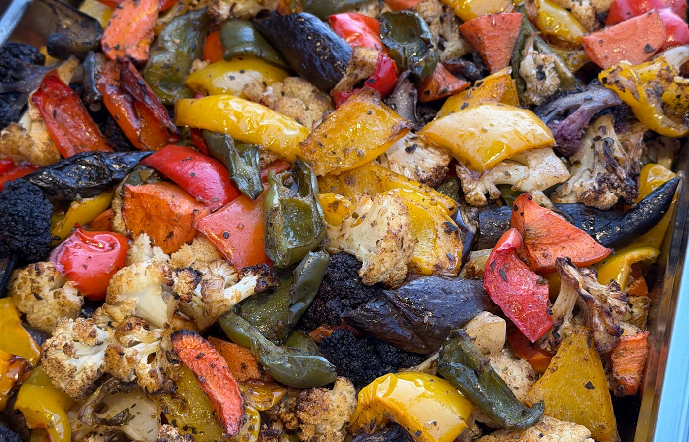 Air fryer vegetables with cauliflower, peppers, carrots, and eggplant
