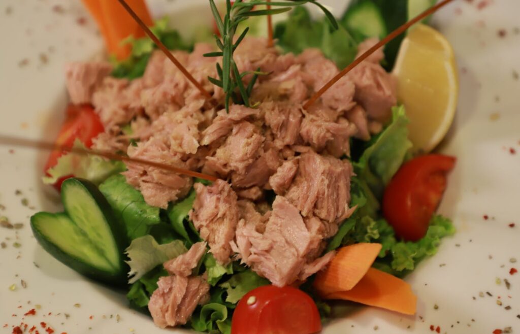 Tuna salad with cucumber tomato lettuce carrot and lemon
