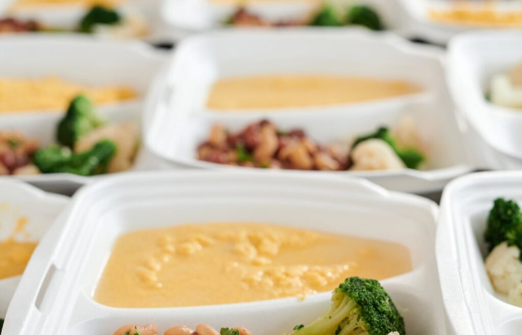 Prepared lunch containers filled with vegetables and cooked food